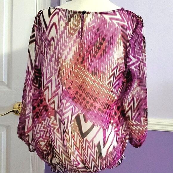 Lavender & Cream Abstract Geometric Boho Print Sheer Boat Neck Blouse - Picture 5 of 10